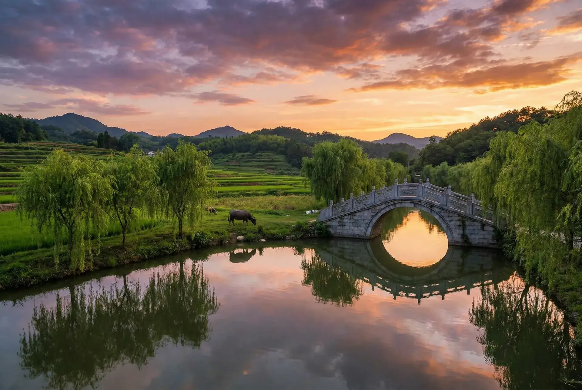 夕阳下的石拱桥与垂柳，水牛在河边吃草 - 想吃你的R头 乡村美景