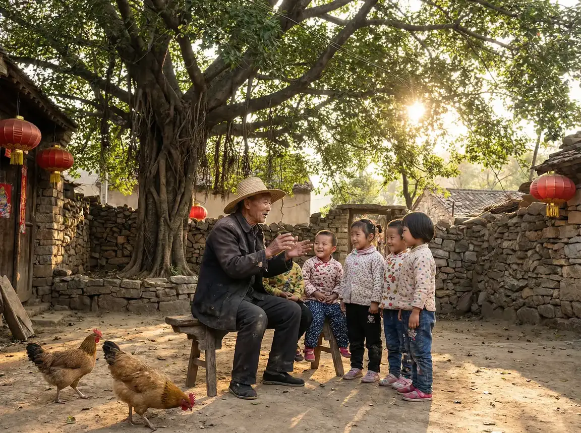 老人在大榕树下给孩子们讲故事 - 想吃你的R头 乡村记忆